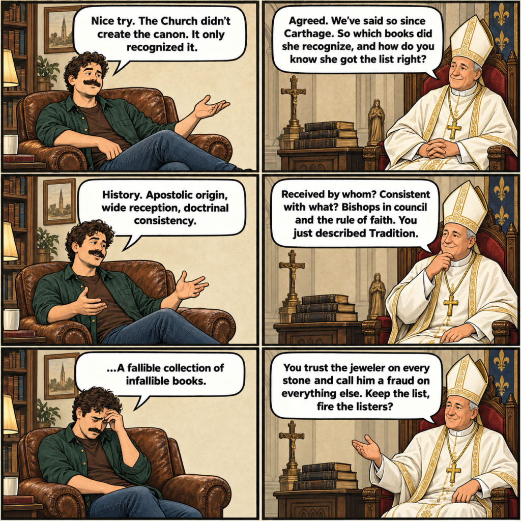 Six-panel cartoon: a young man in an armchair argues that the Church only recognized the canon of Scripture; a smiling bishop answers each point, ending with the jeweler who is trusted on every stone and called a fraud on everything else.