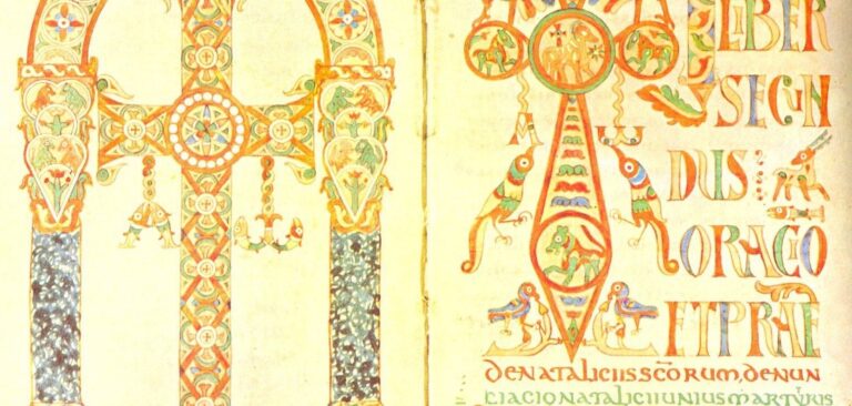 An opening of the Gelasian Sacramentary, eighth century: an illuminated cross standing under an arch on the left page, and the decorated opening words of the second book of prayers on the right.