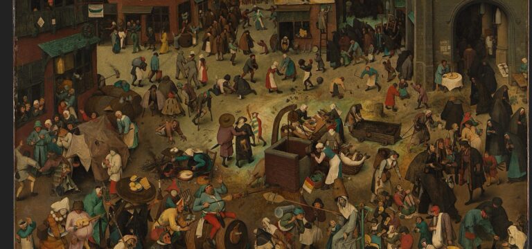 Pieter Bruegel the Elder, The Fight Between Carnival and Lent, 1559: a crowded town square, the well at its centre, feasting and revelry on one side and the lean observance of the fast on the other.