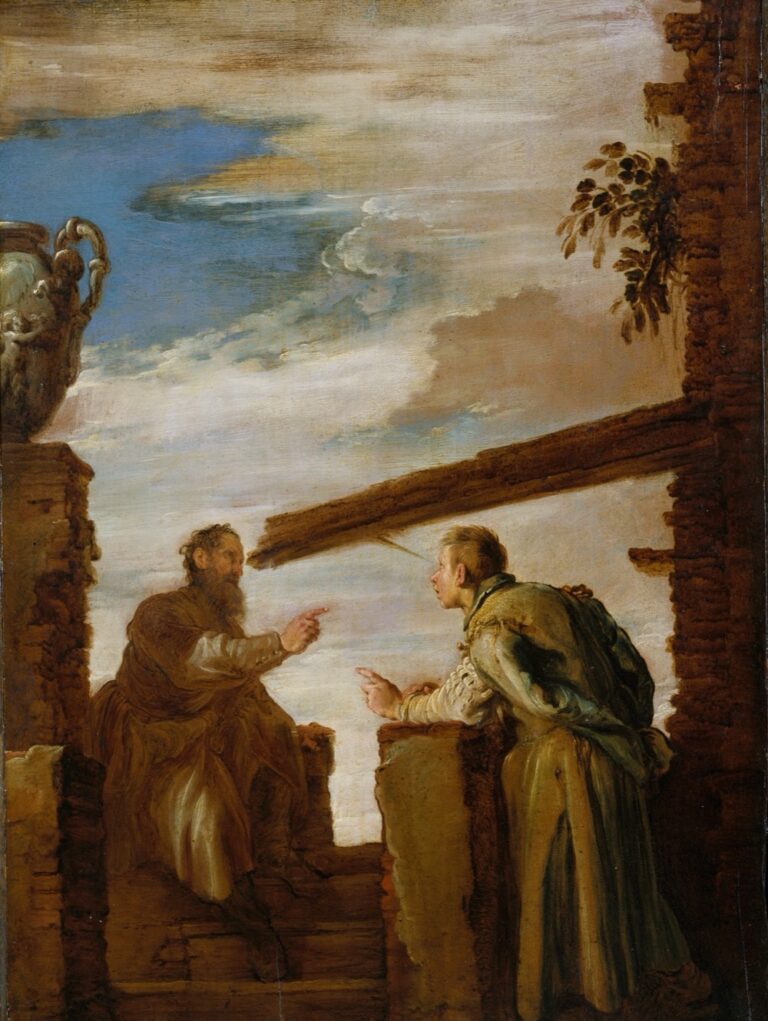 Domenico Fetti, The Parable of the Mote and the Beam, c. 1619: a seated man with a great beam projecting from his eye points accusingly at a younger man who has a splinter in his own.