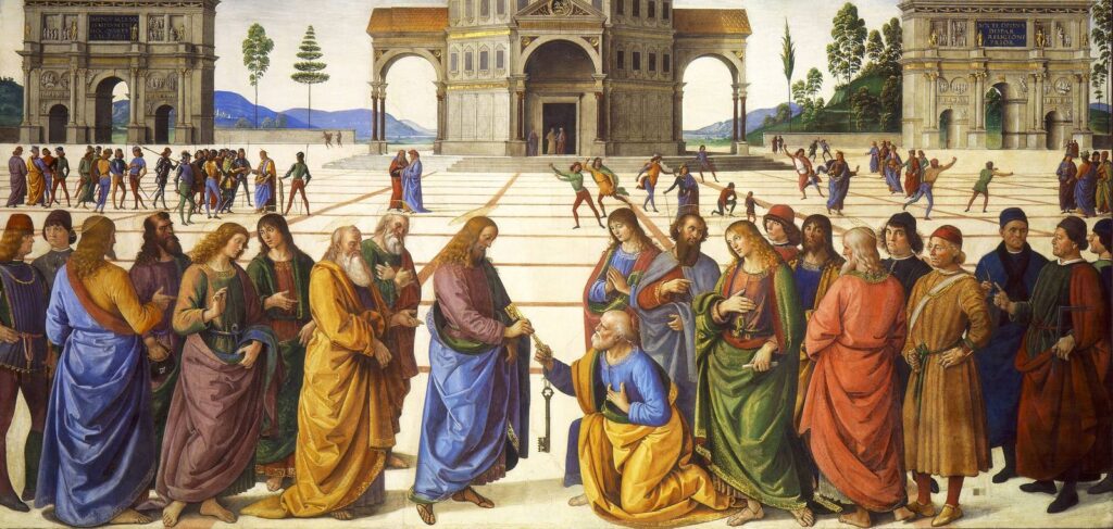 Perugino's fresco of Christ handing the keys to a kneeling Saint Peter in a wide paved piazza, the apostles ranged on either side and a domed temple between two triumphal arches behind them.