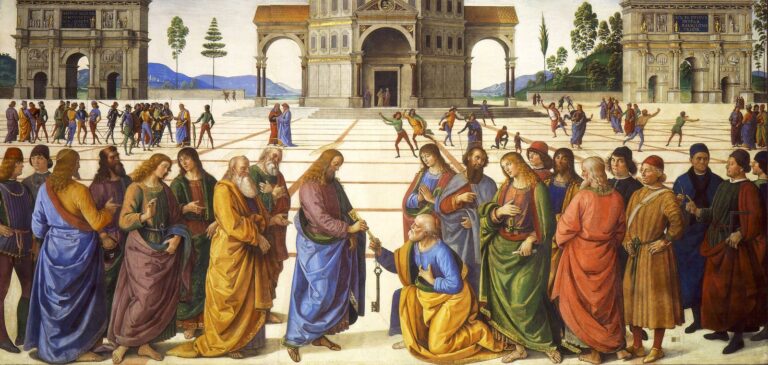 Perugino's fresco of Christ handing the keys to a kneeling Saint Peter in a wide paved piazza, the apostles ranged on either side and a domed temple between two triumphal arches behind them.