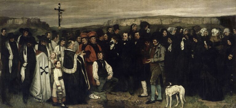 Gustave Courbet, A Burial at Ornans, 1849-50: a country funeral, the clergy in vestments with cross and banner, the bearers, the mourners, and the open grave in the foreground.