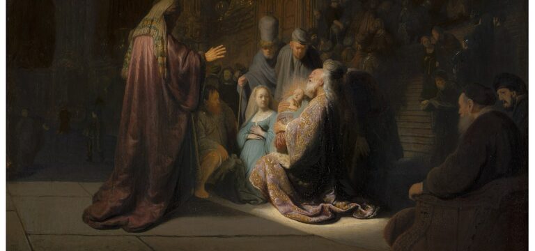 Rembrandt, Simeon's Song of Praise, 1631: Simeon kneeling in the light of the temple with the Child raised in his arms and his face turned up, the Blessed Virgin beside him, the high priest standing with hand lifted.