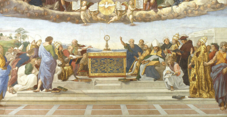 Raphael's fresco of the Doctors of the Church disputing around an altar, a golden monstrance holding the Host at the centre, figures gesturing and arguing on both sides, the dove of the Holy Spirit and four putti holding the Gospels above.